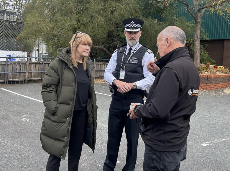 Nick Roach speaking with Policing Minister Sarah Jones and Commander Andy Featherstone